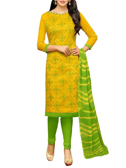 yellow chanderi cotton embroidered unstitched suit - 14722749 - Very Small Image - 1