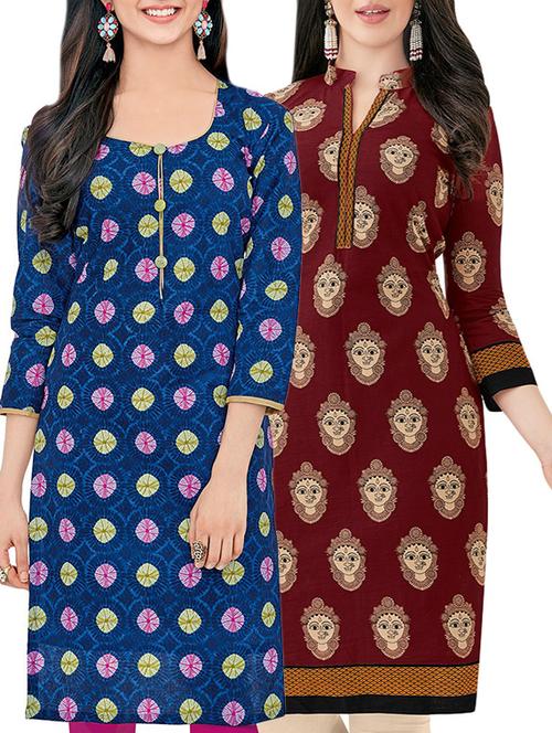multi colored cotton unstitched combo kurta - 14727451 - Very Small Image - 1