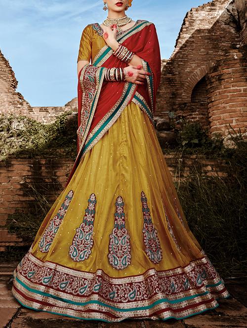 yellow net flared lehenga - 14729666 - Very Small Image - 1