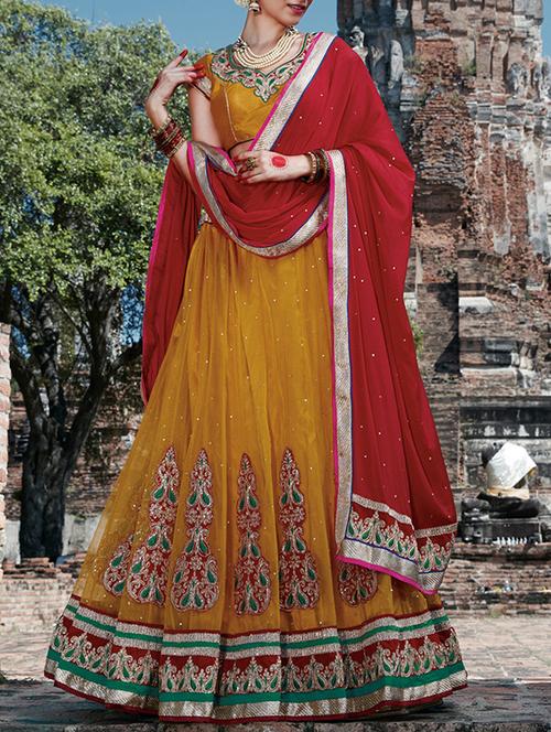 yellow net flared lehenga - 14729689 - Very Small Image - 1