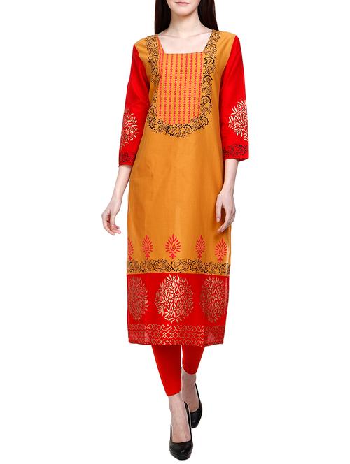 mustard cotton straight kurta - 14729737 - Very Small Image - 1