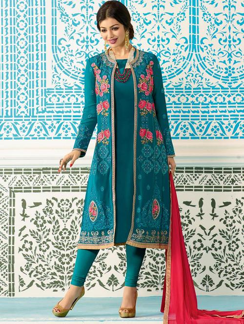 turquoise georgette embroidered semi-stitched churidaar suit - 14732301 - Very Small Image - 1