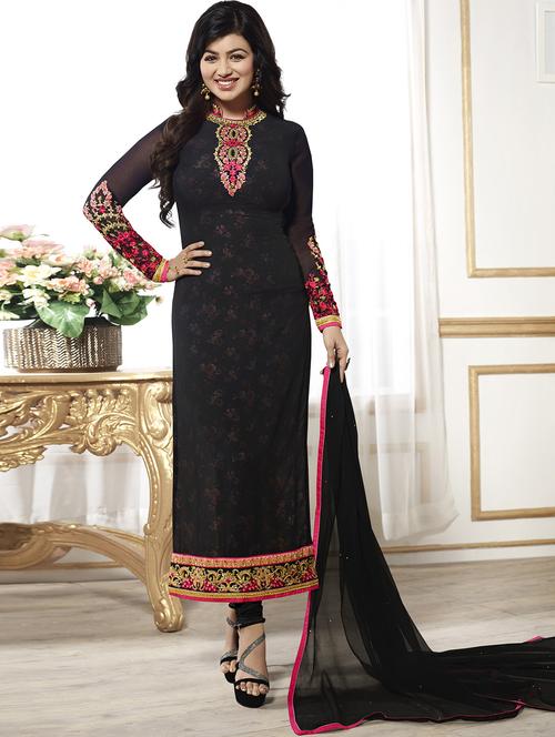 black georgette embroidered semi-stitched churidaar suit - 14732311 - Very Small Image - 1