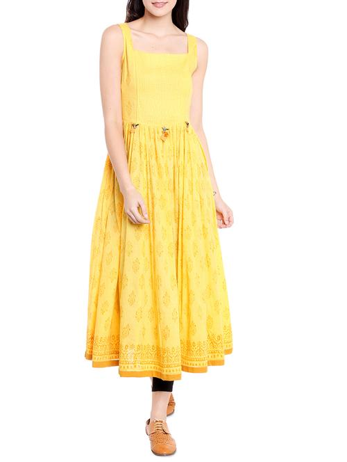 yellow cotton flared kurta - 14733957 - Very Small Image - 1
