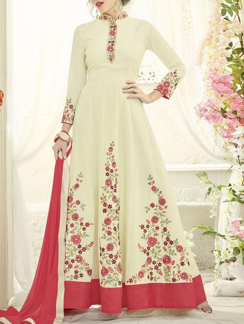 cream silk semi-stitched anarkali suit - 14734177 - Very Small Image - 1