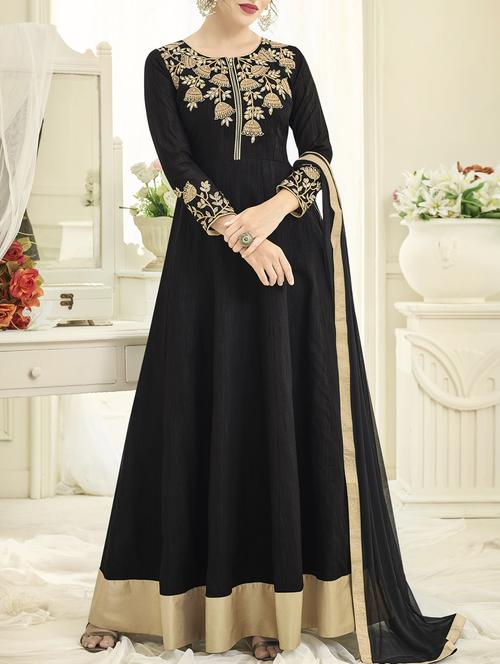 black silk embroidered semi-stitched anarkali suit - 14734178 - Very Small Image - 1