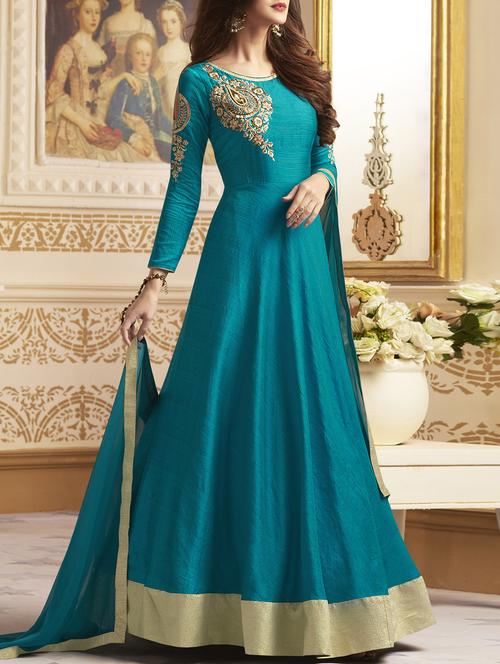 turquoise silk embroidered semi-stitched flared suit - 14734183 - Very Small Image - 1