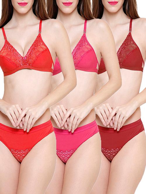 set of 3 multi colored cotton bras and panty set - 14740105 - Very Small Image - 1