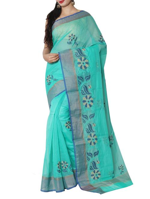 sky blue cotton embroidered saree with blouse - 14740395 - Very Small Image - 1