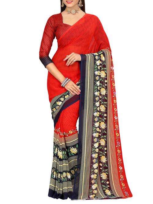 red georgette printed saree with blouse - 14741860 - Very Small Image - 1
