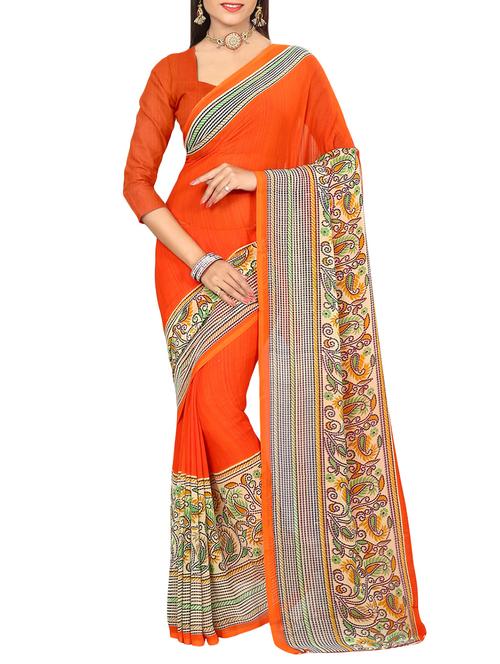 orange georgette printed saree with blouse - 14741863 - Very Small Image - 1