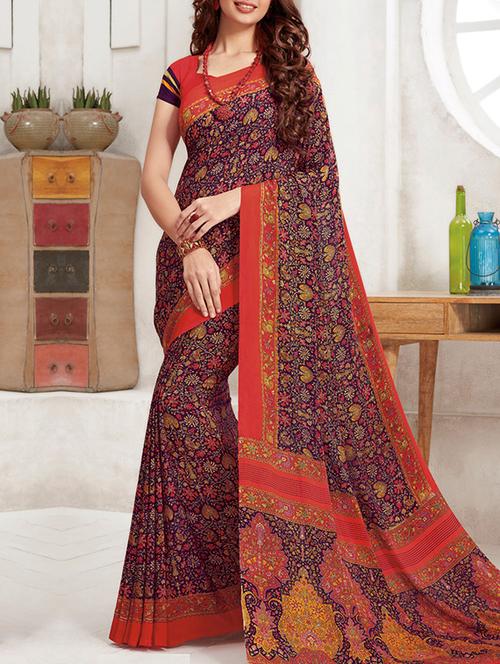 multicolour crepe printed saree with blouse - 14743310 - Very Small Image - 1