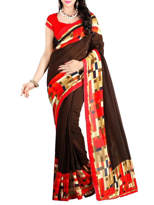 brown georgette printed saree with blouse - 14743919 - Very Small Image - 1