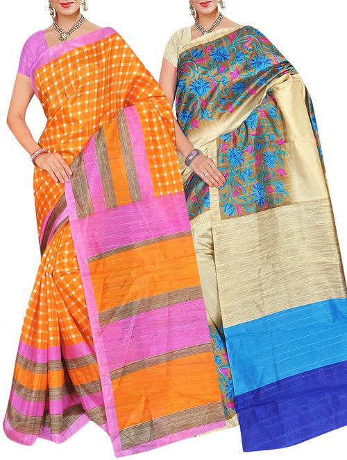 multi colored cotton combos saree with blouse - 14745575 - Very Small Image - 1