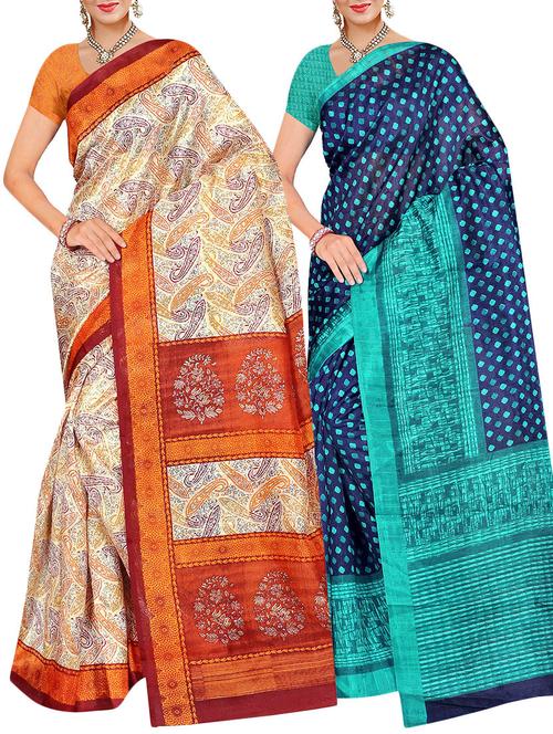 multi colored cotton combos saree with blouse - 14745581 - Very Small Image - 1