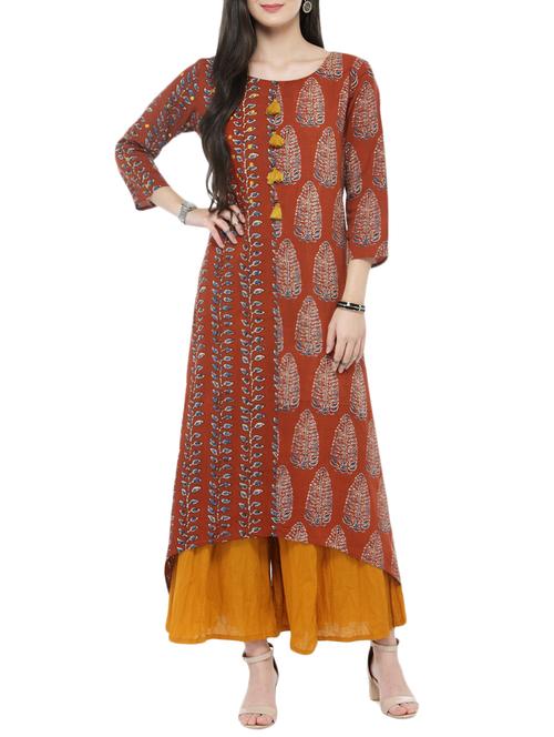 brown cotton kurta palazzo set - 14745778 - Very Small Image - 1
