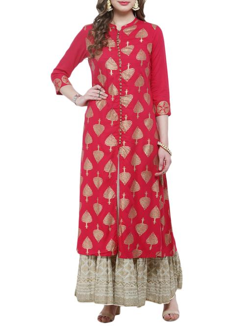 fuchsia foil printed kurta with skirt set - 14745792 - Very Small Image - 1