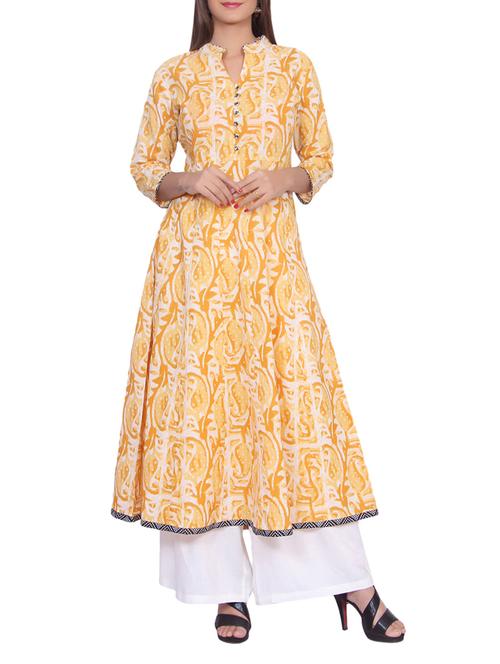 yellow cotton flared kurta - 14747356 - Very Small Image - 1