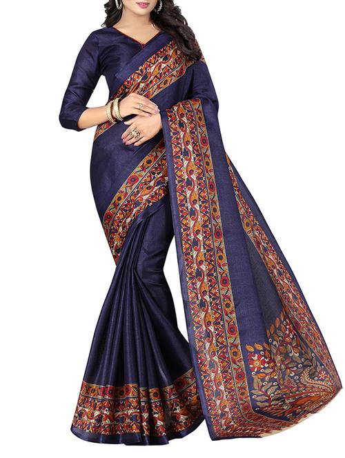 navy blue silk printed saree with blouse - 14747418 - Very Small Image - 1