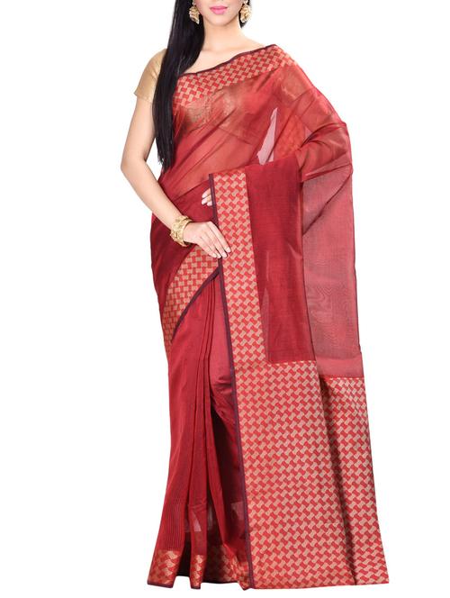 maroon cotton bordered saree with blouse - 14749115 - Very Small Image - 1