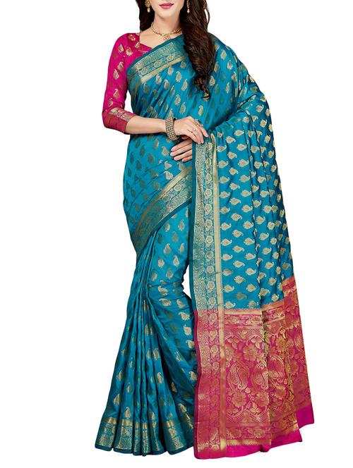 blue silk blend banarasi saree with blouse - 14749694 - Very Small Image - 1