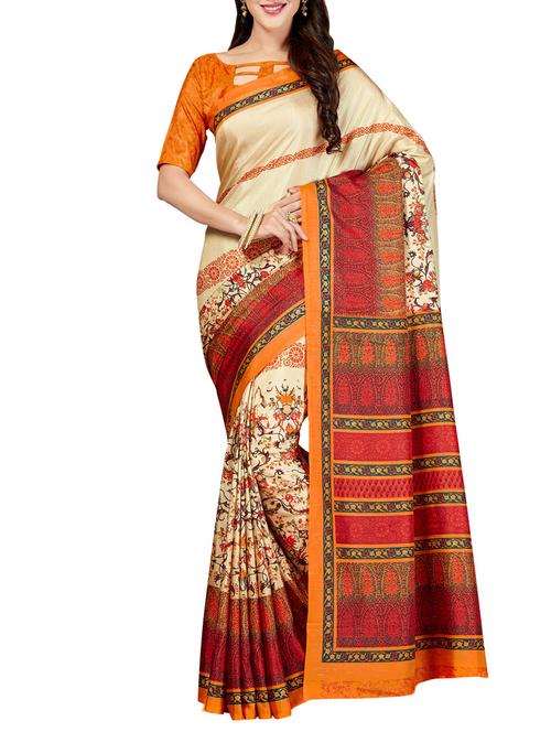cream silk printed saree with blouse - 14749754 - Very Small Image - 1