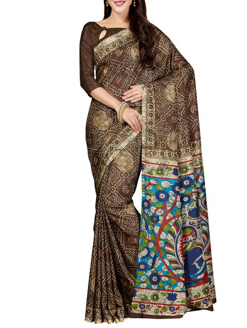 brown silk blend printed saree with blouse - 14749757 - Very Small Image - 1