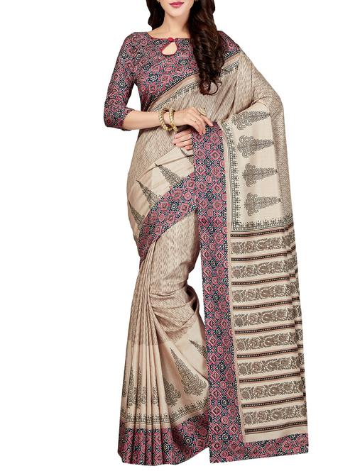 cream silk blend printed saree with blouse - 14749758 - Very Small Image - 1