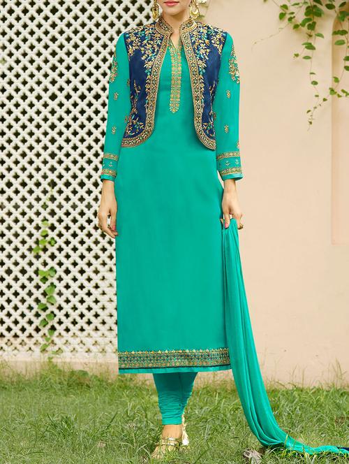 turquoise georgette embroidered unstitched suit - 14750758 - Very Small Image - 1