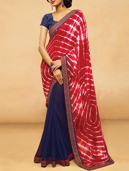 women's tie & dye red colored saree with blouse - 14754342 - Very Small Image - 1