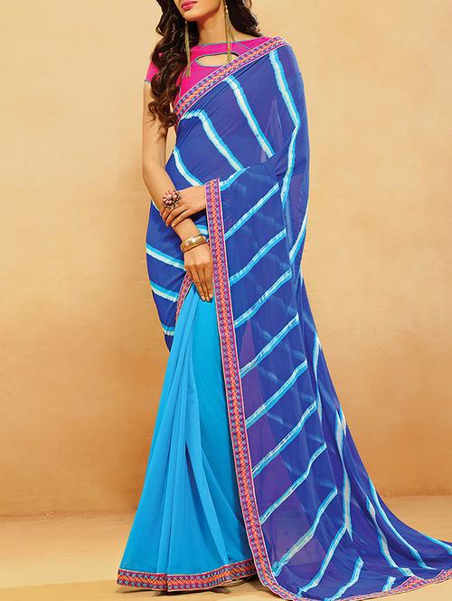 women's bordered blue colored saree with blouse - 14754347 - Very Small Image - 1