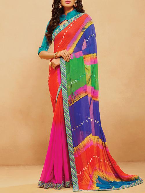 women's color block multi colored saree with blouse - 14754348 - Very Small Image - 1