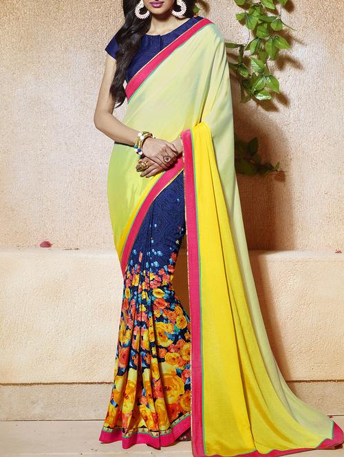 yellow silk printed saree with blouse - 14754361 - Very Small Image - 1