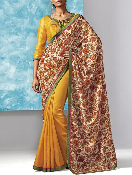 women's floral mustard colored saree with blouse - 14754391 - Very Small Image - 1