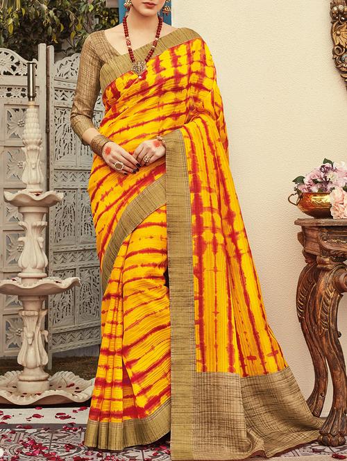 yellow silk blend printed saree with blouse - 14755523 - Very Small Image - 1