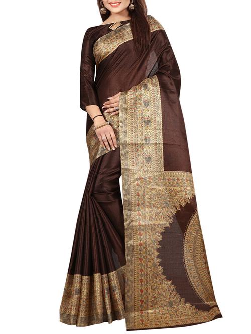 brown cotton printed saree with blouse - 14756440 - Very Small Image - 1