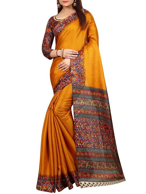 yellow cotton printed saree with blouse - 14756460 - Very Small Image - 1