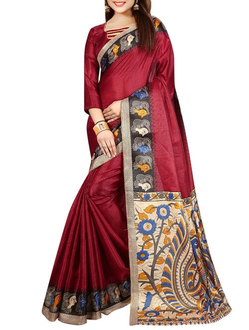 maroon cotton printed saree with blouse - 14756464 - Very Small Image - 1
