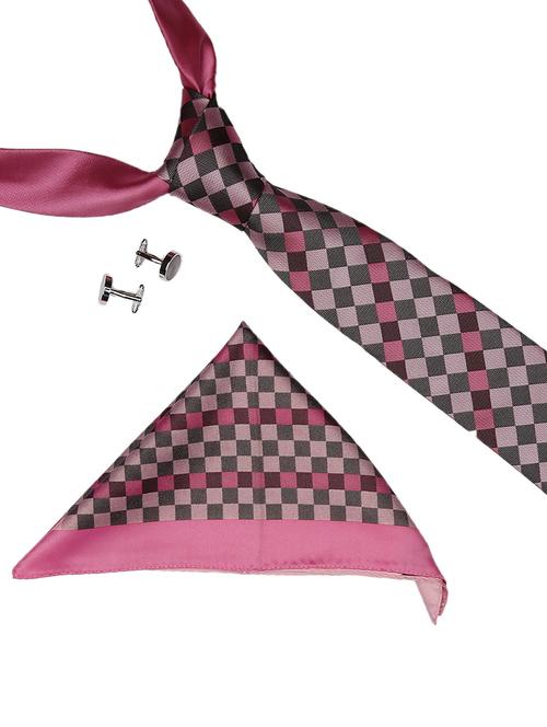 pink :: grey micro fiber tie with cufflink and handkerchief - 14757427 - Very Small Image - 1