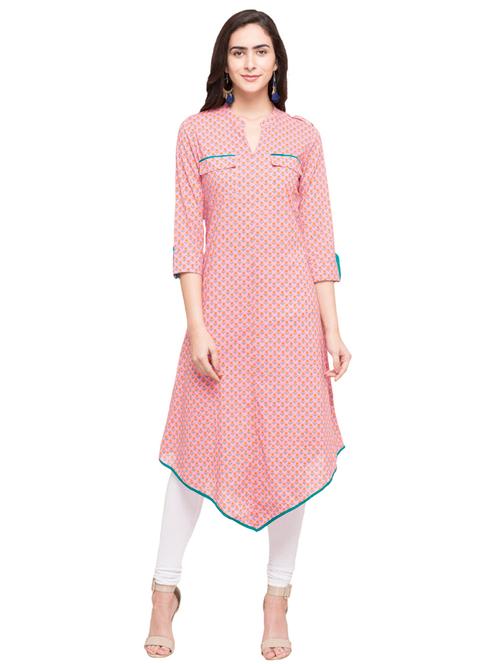 pink cotton high low kurta - 14758011 - Very Small Image - 1