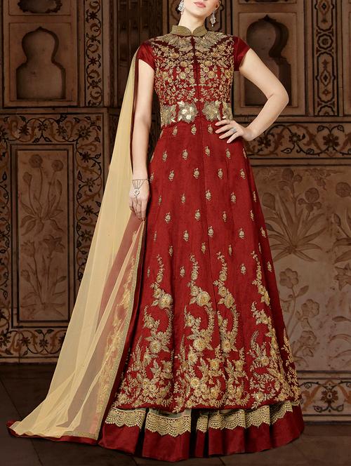 maroon raw silk semistitched suit - 14759169 - Very Small Image - 1