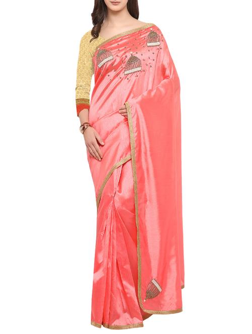 peach art silk embroidered saree with blouse - 14759230 - Very Small Image - 1