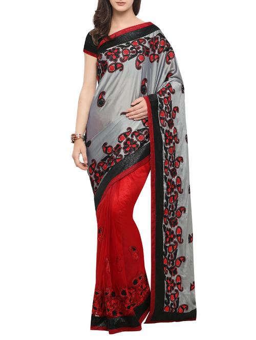 grey and red half & half saree with blouse - 14759232 - Very Small Image - 1
