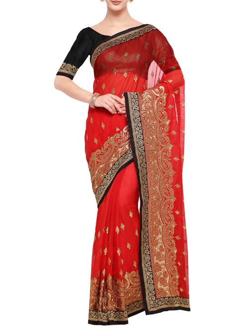 red poly georgette embroidered saree with blouse - 14759235 - Very Small Image - 1