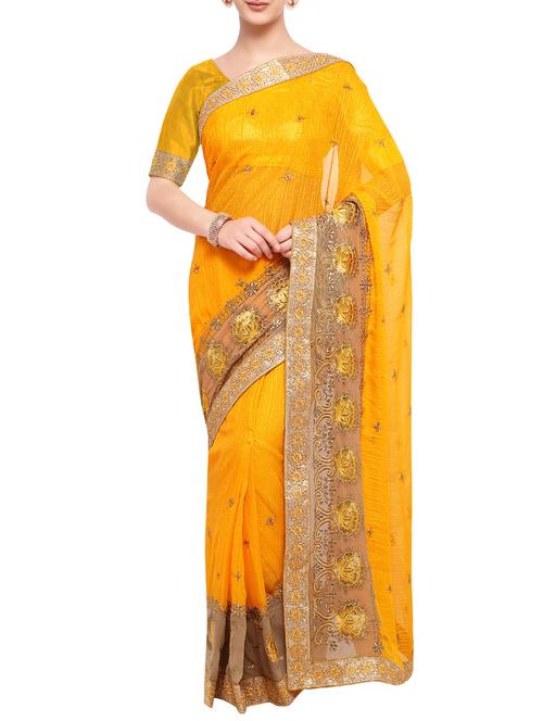 yellow poly georgette embroidered saree with blouse - 14759237 - Very Small Image - 1
