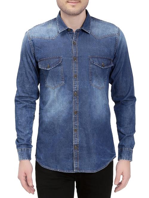 dark blue denim casual shirt - 14762012 - Very Small Image - 1
