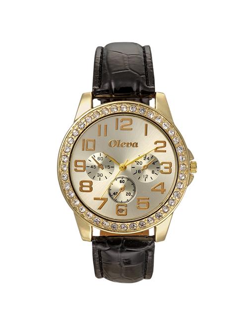 oleva leather strap golden round dial watch - 14764523 - Very Small Image - 1