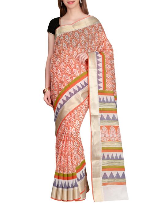 the chennai silks orange printed saree with blouse - 14766862 - Very Small Image - 1