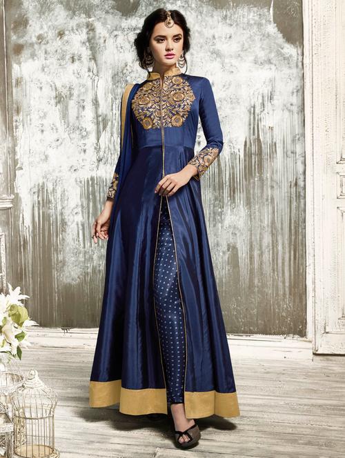 blue silk semi-stitched anarkali suit - 14767679 - Very Small Image - 1