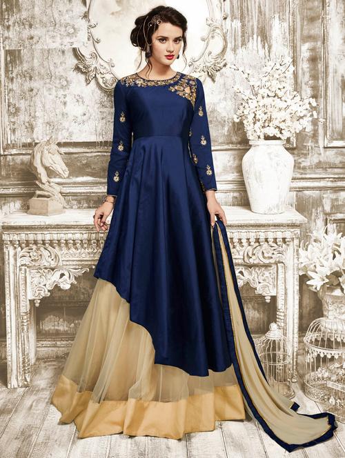 blue silk semi-stitched skirt suit - 14767680 - Very Small Image - 1